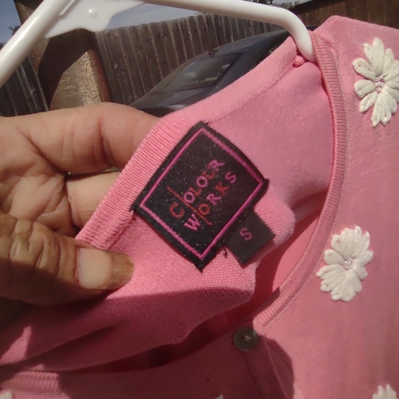 VTG color works silk button down cardigan short sleeve small silk spandex - Picture 5 of 11